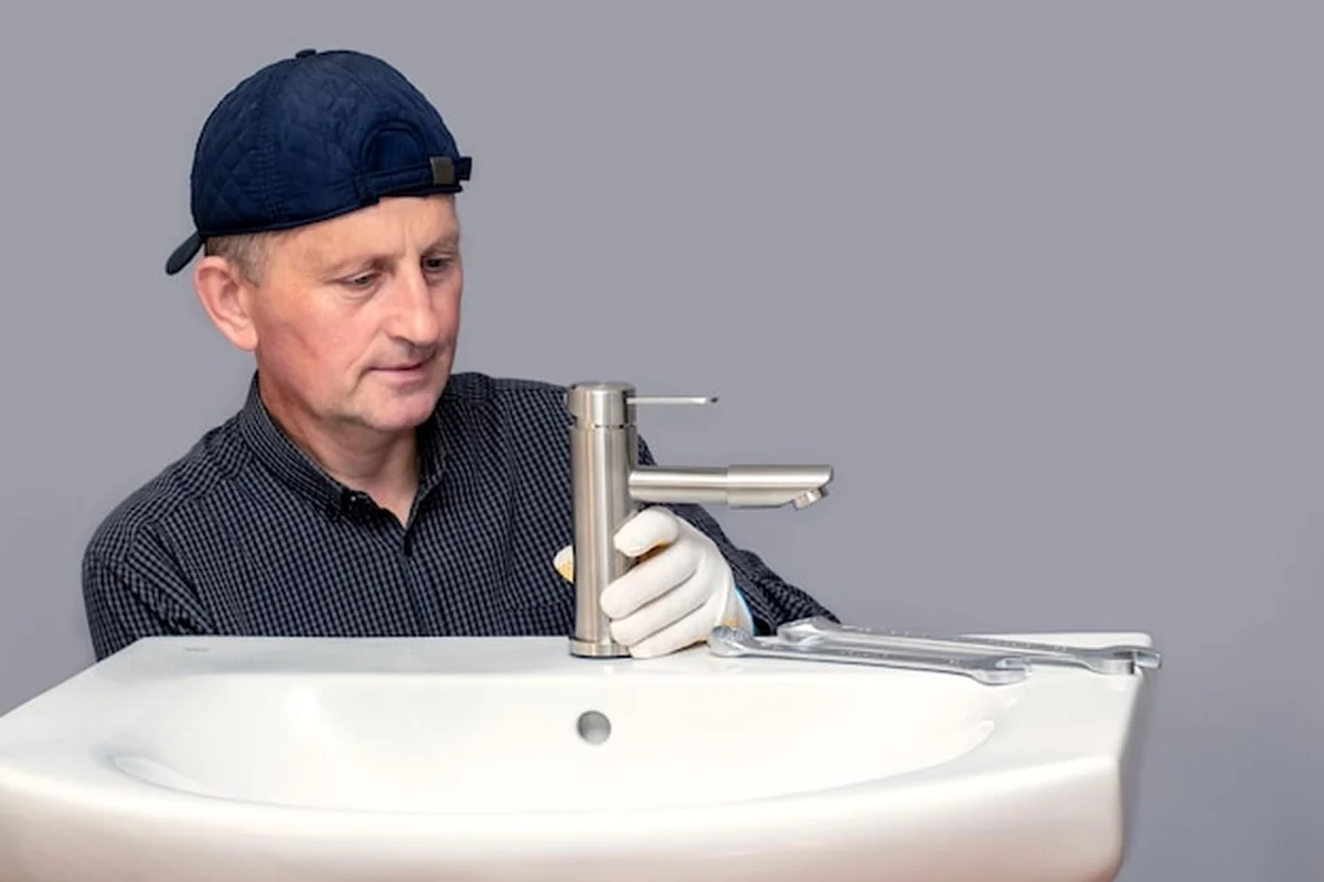 Mistrz hydrauliki przykręca kran do zlewu w łazience