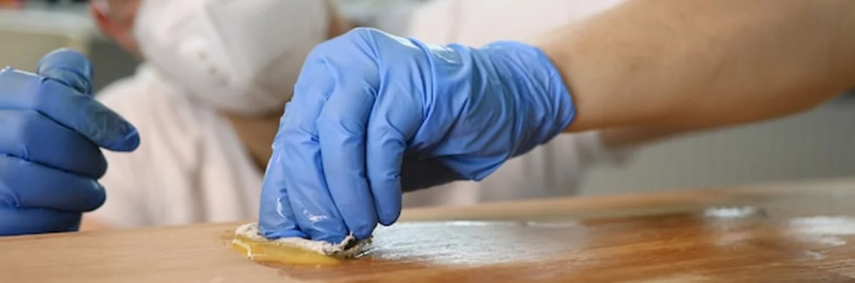 Stolarz ściera drewnianą powierzchnię