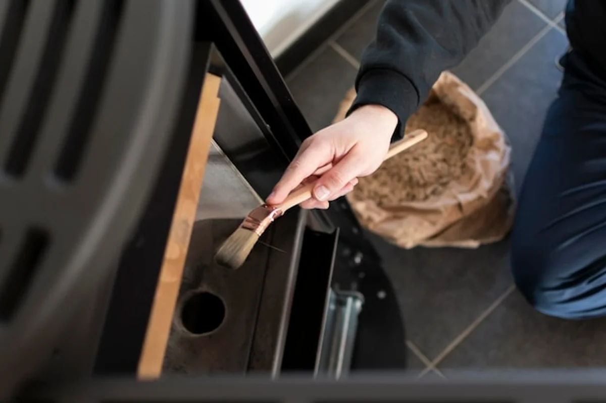 Człowiek czyści piec na pellet za pomocą szczotki
