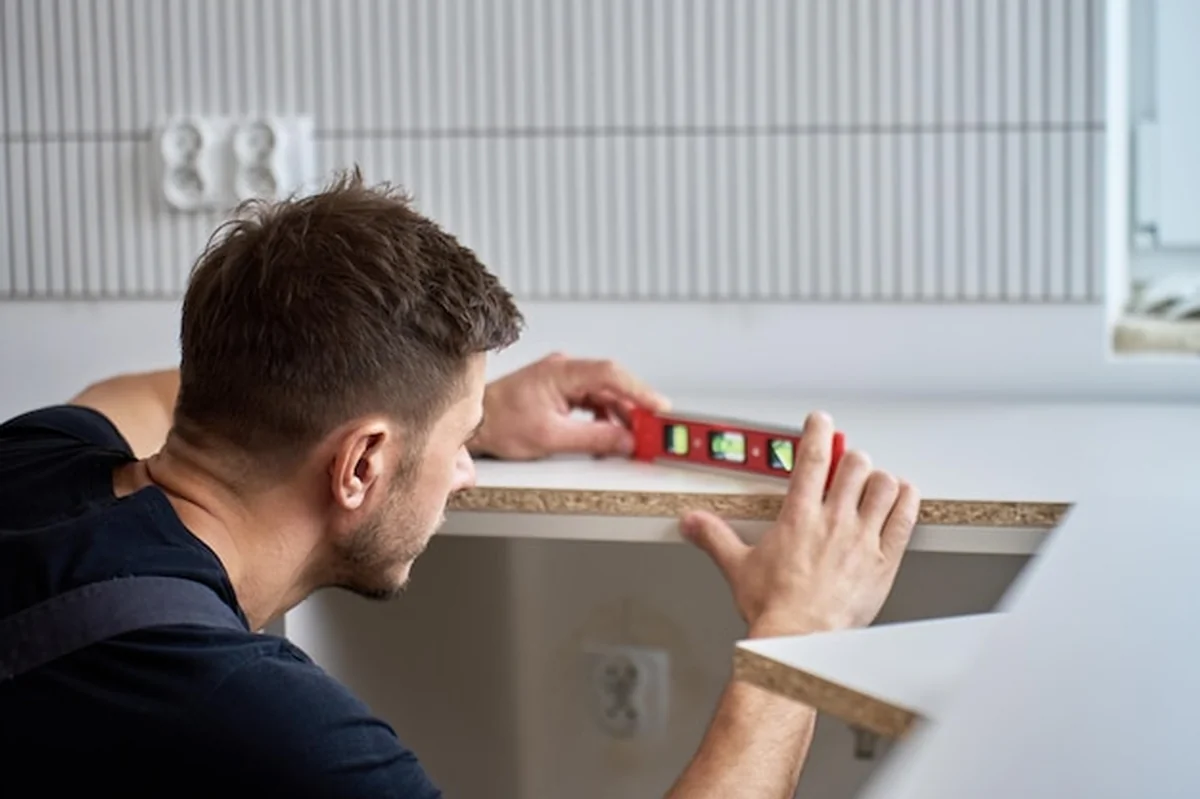 Pracownik sprawdza poziom blatu kuchennego poziomnicą