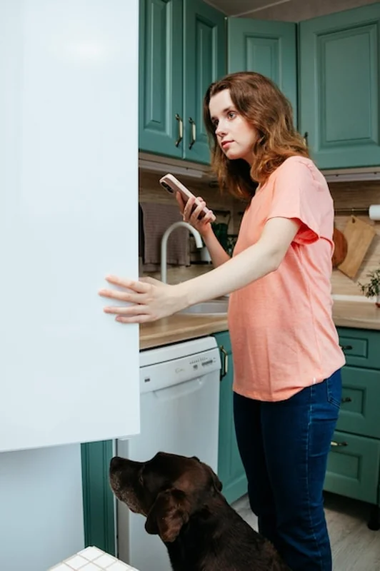 Szczęśliwa Europejka patrzy do lodówki i zamawia jedzenie przez smartfon