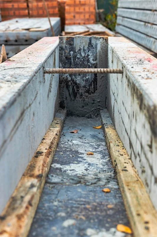 Fundament żelbetowy z szalunkiem i siatką wzmacniającą do wylewania betonu