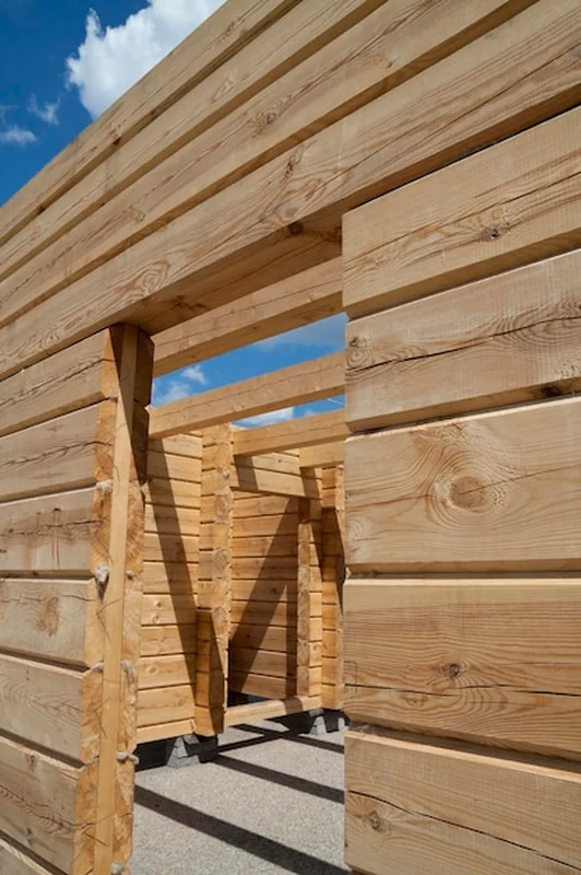 Drewniana konstrukcja budynku na tle nieba