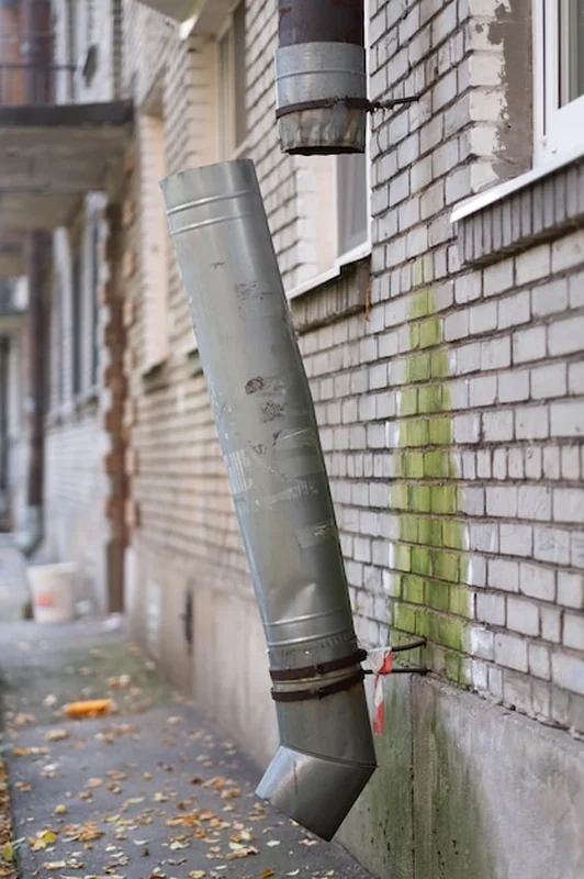 Zepsuta rura odpływowa na ścianie domu