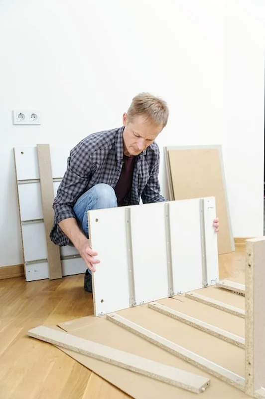 Mężczyzna składający meble z płyt wiórowych